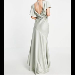 Flutter sleeve satin maxi dress with button side detail